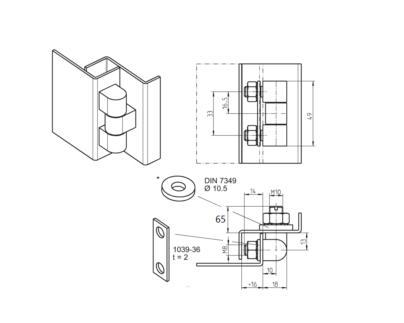 Cabinet hinge, steel, electro zinc plated, flush door - visible, fixed pin, L=49, B=16, H=18