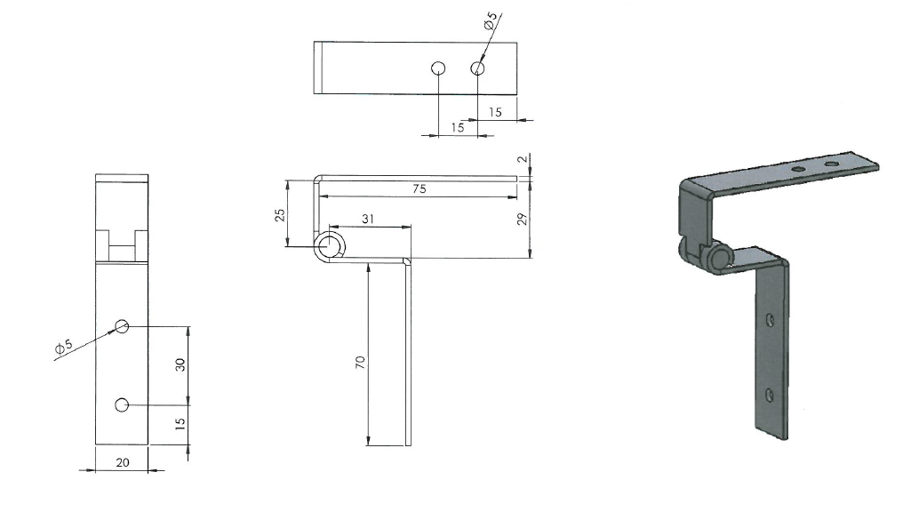 Butt hinge w/holes, steel, L=20, B=145, T=2