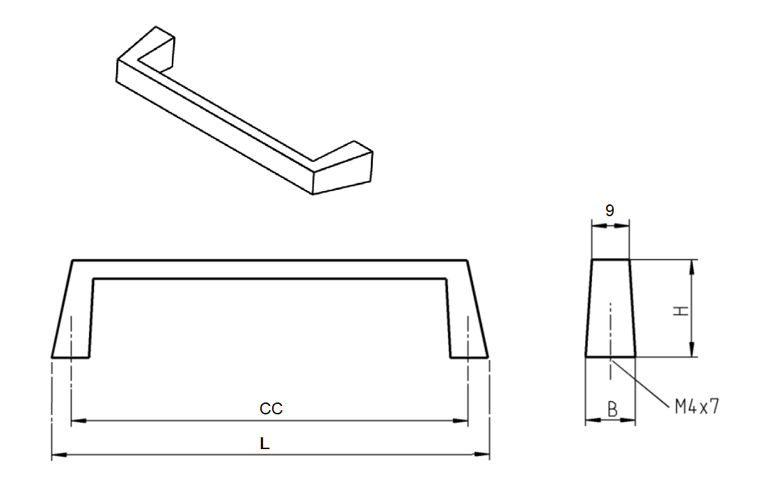 Bridge handle, die-cast zinc, L=105, B= 12, H= 24