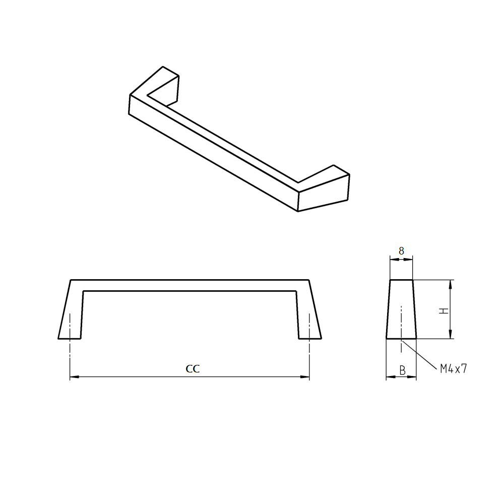 Bridge handle, die-cast zinc, L=90, B=11, H=22