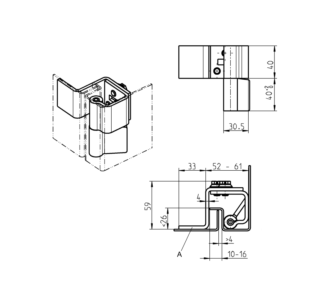 Cabinet hinge, stainless steel, prominent door - concealed, lift off pin, L=80, B=94, H=59