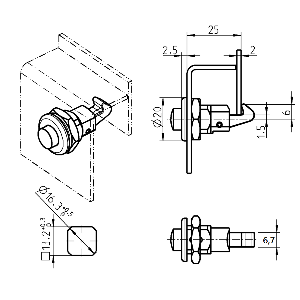 Slam lock, die-cast zinc, nut, length=6, width=6,7, height=2,5