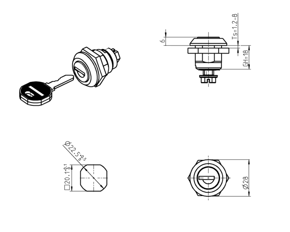 Housing with cylinder lock, keyed different, die-cast zinc, L=mm, GH=18mm, plate thickness=1,2-8mm