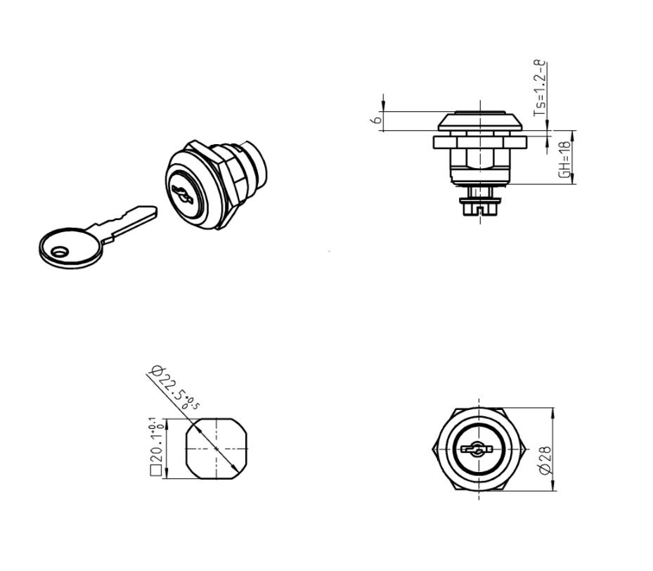 Housing with Cylinder lock, keyed alike ek333, glass fiber reinforced polyamide, L=mm, GH=18mm, plate thickness=1,2-8mm