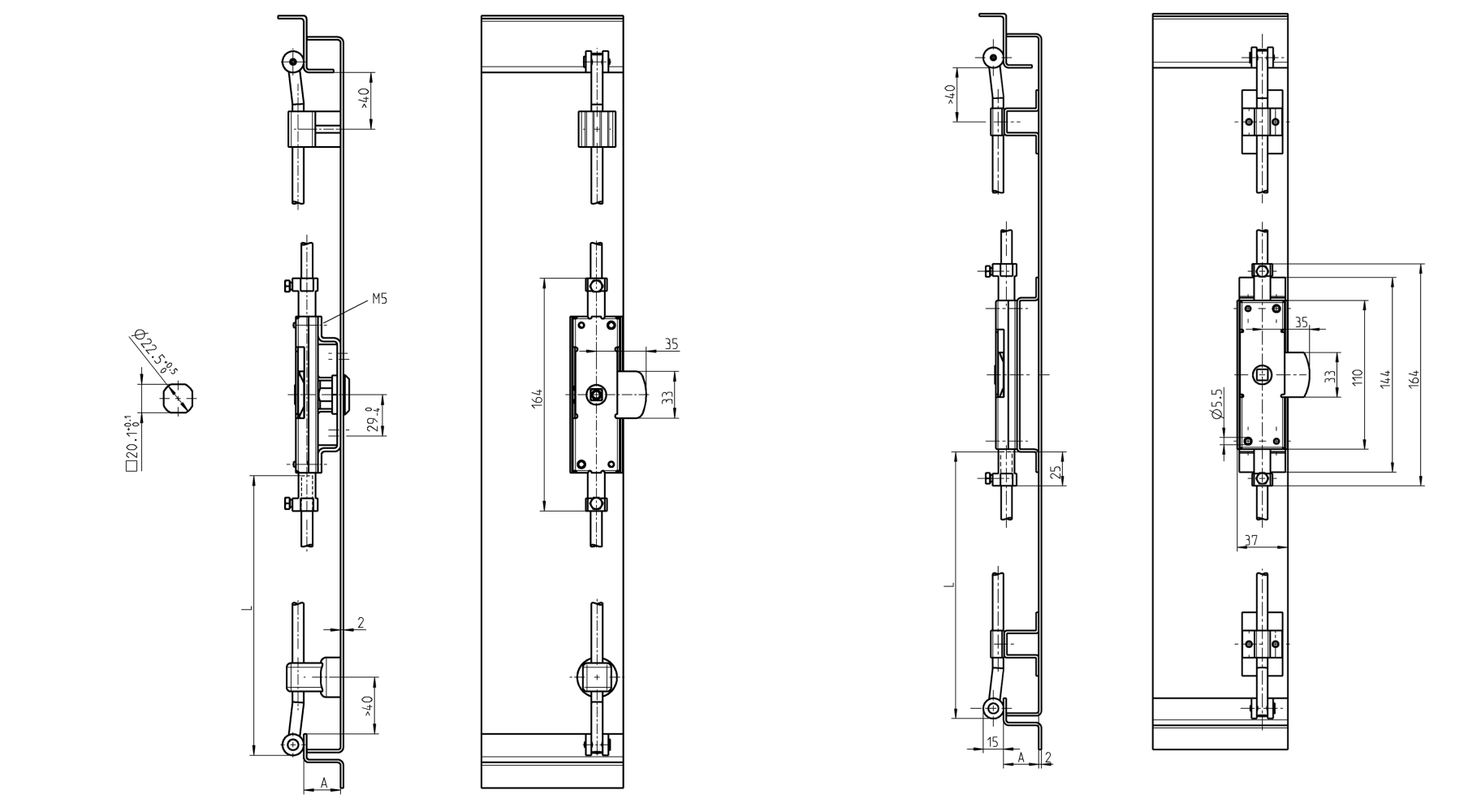 Lock, steel, universal, L=164, D=8, A-dimension=20 og 26