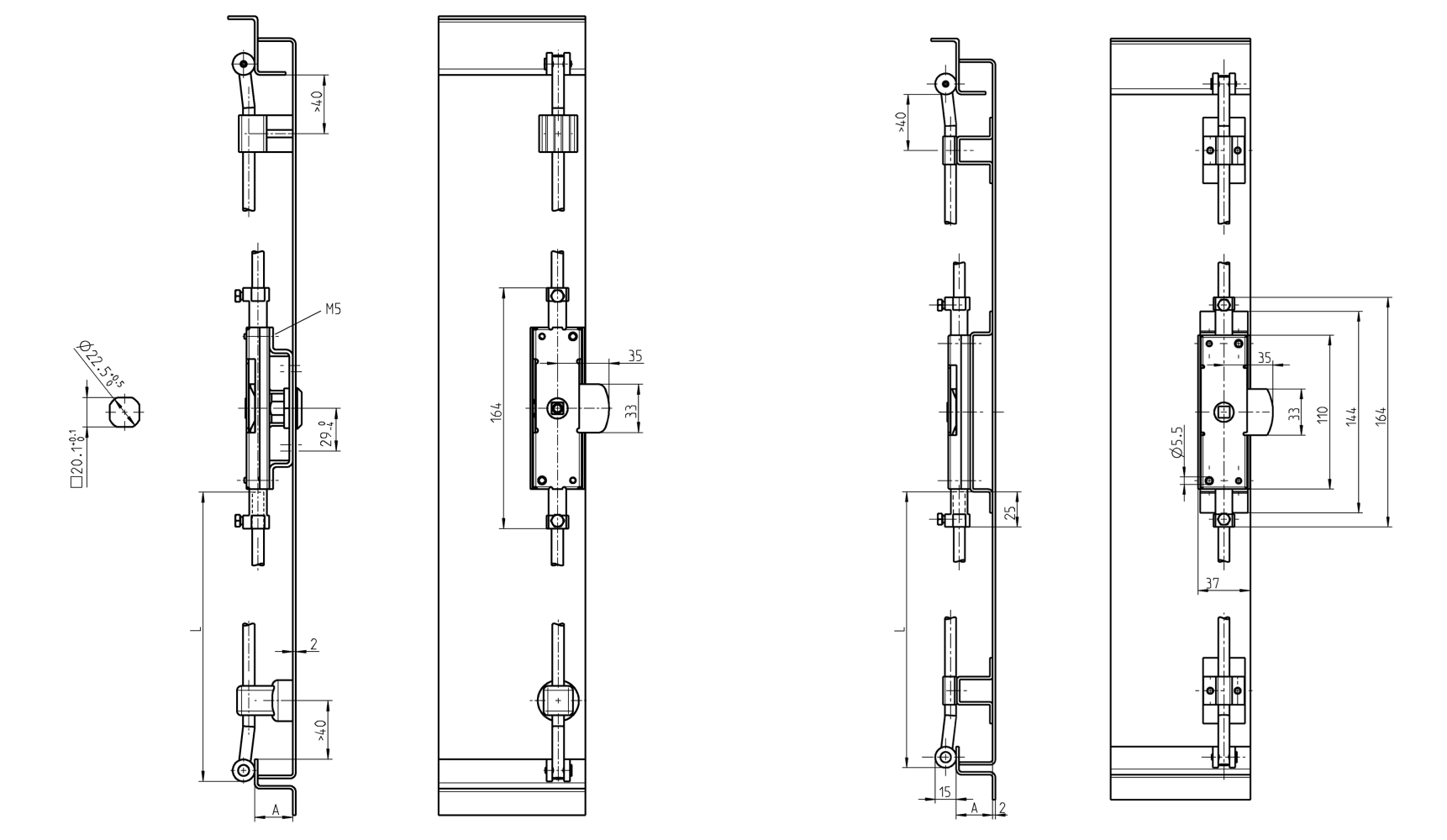 Lock, steel, universal, L=164, D=8, A-dimension=20 og 26
