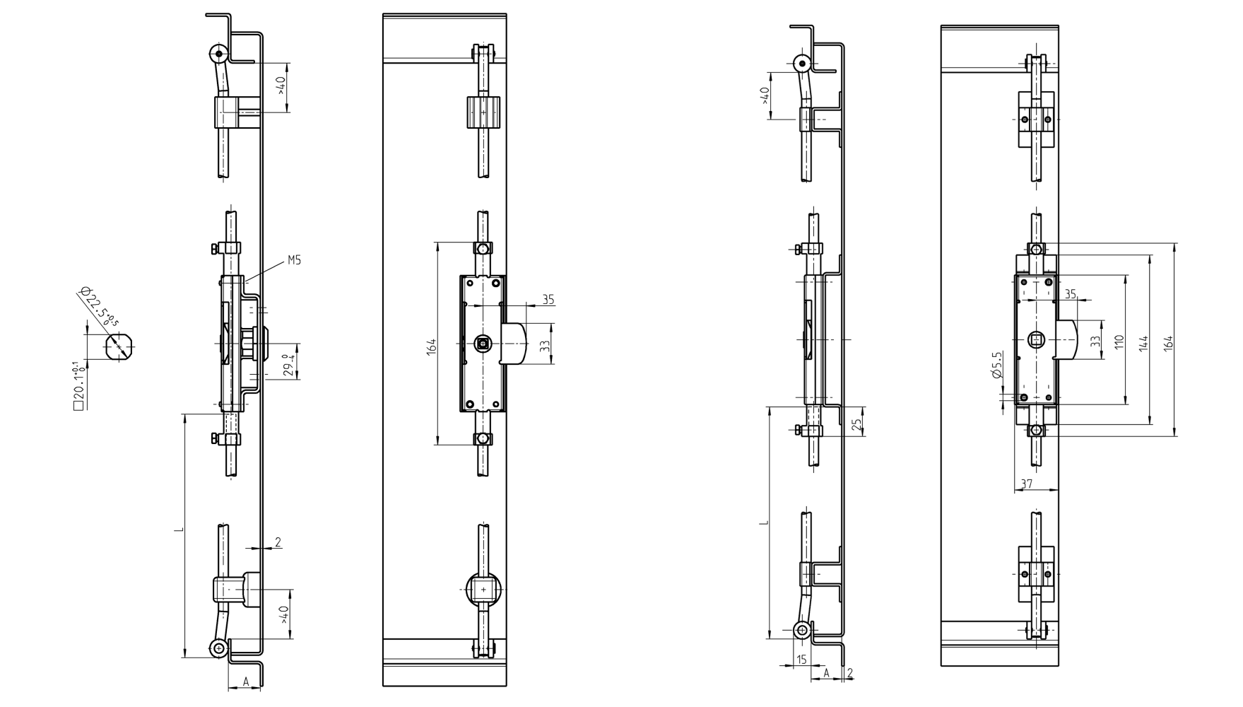 Lock, steel, universal, L=164, D=8, A-dimension=20 og 26