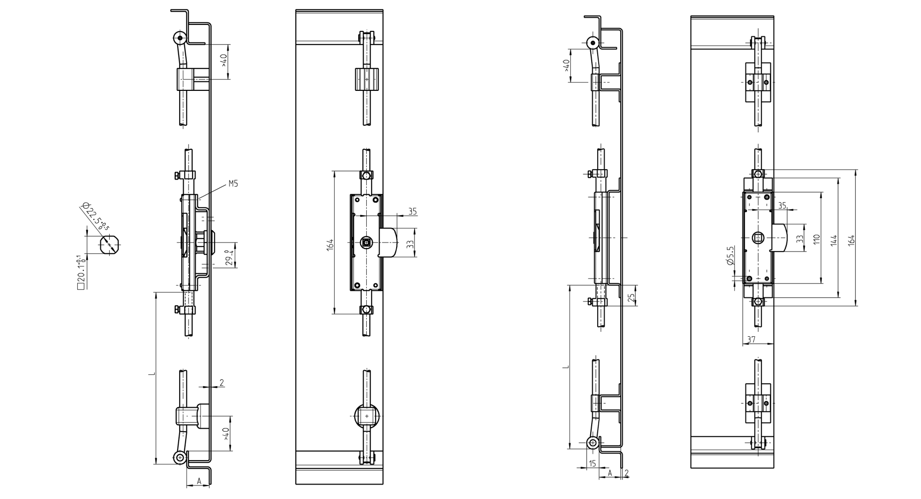Lock, steel, universal, L=164, D=8, A-dimension=20 og 26