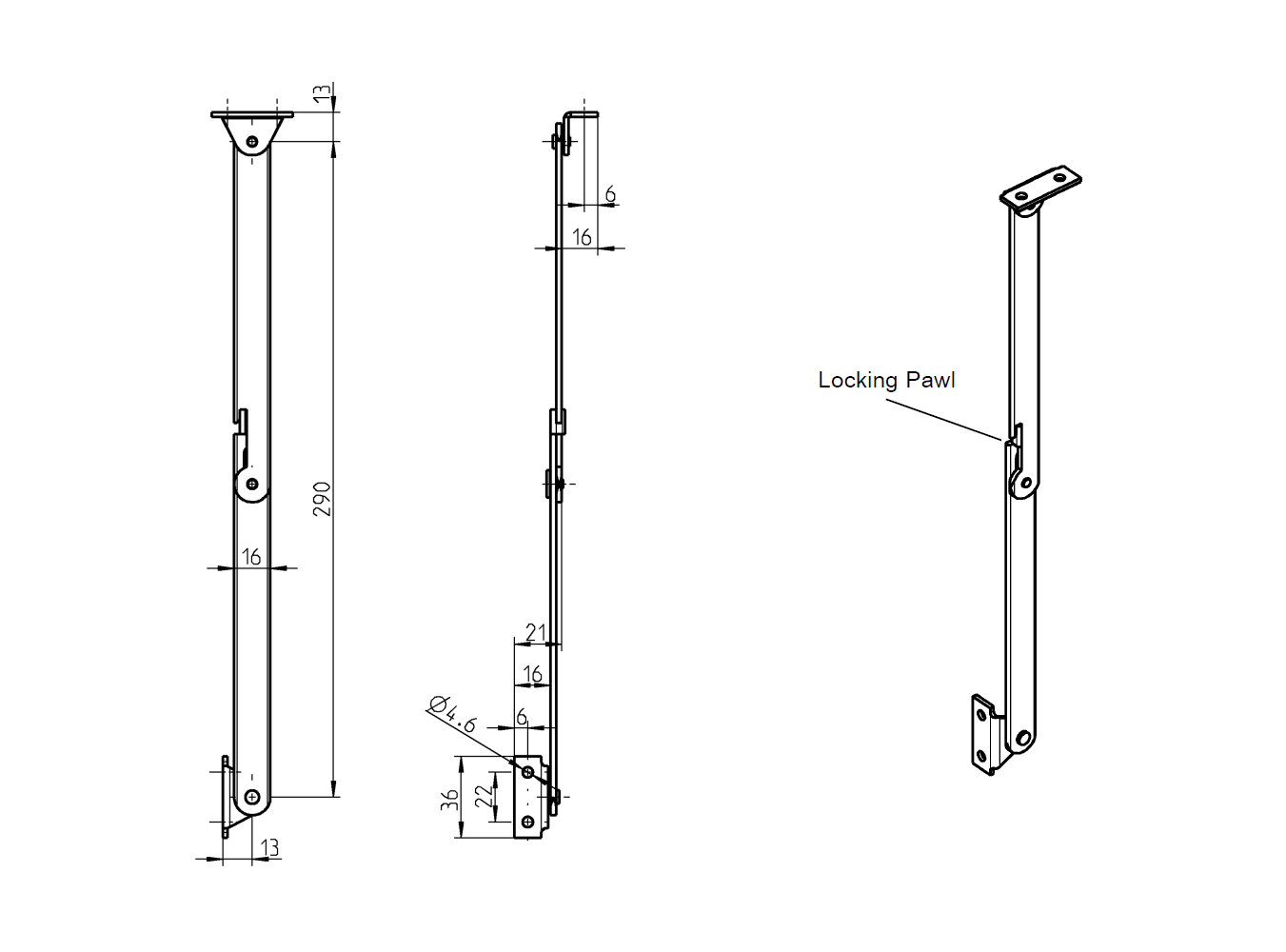 Lid stay, steel, 1 position(s), L=290mm, Ø4,6mm holes