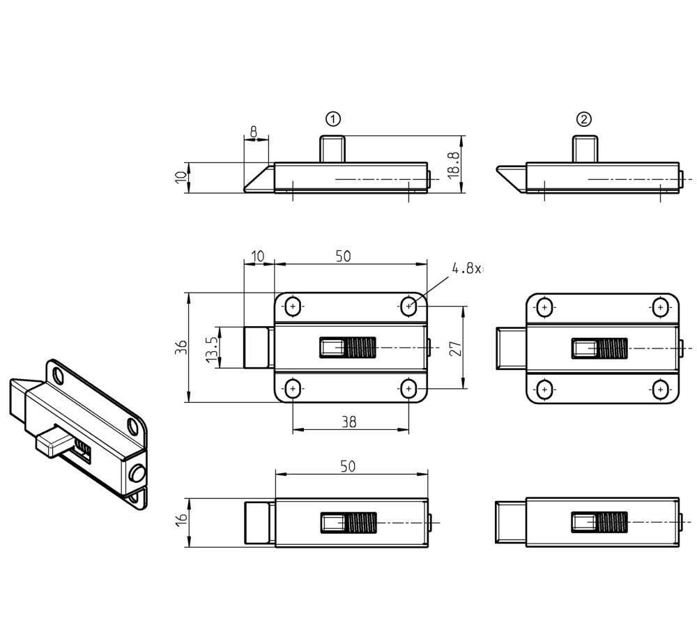 Slam lock, steel, screw mounting, length=60, width=36, height=18,8, version 2