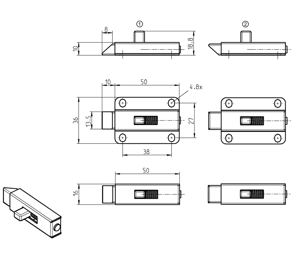 Slam lock, steel, weld-on, length=60, width=16, height=18,8, version 2