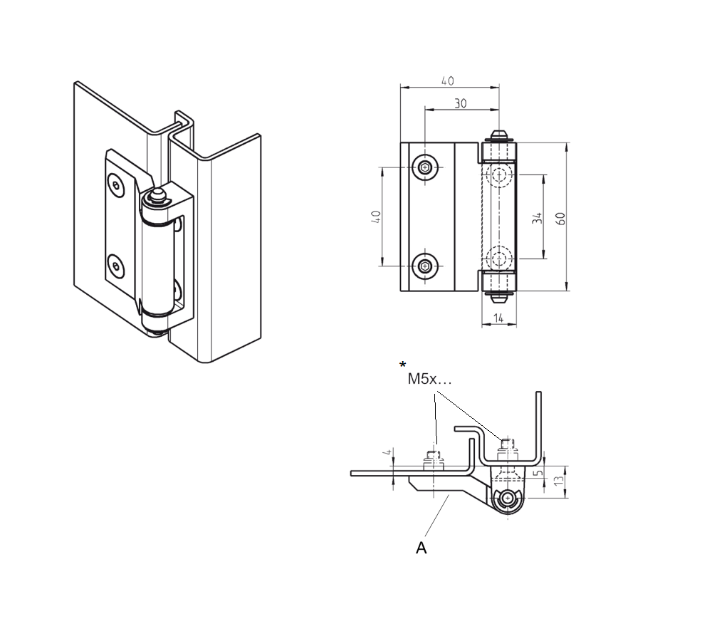 Cabinet hinge, die-cast zinc, prominent door - visible, loose pin, L=60, B=47, H=19,5