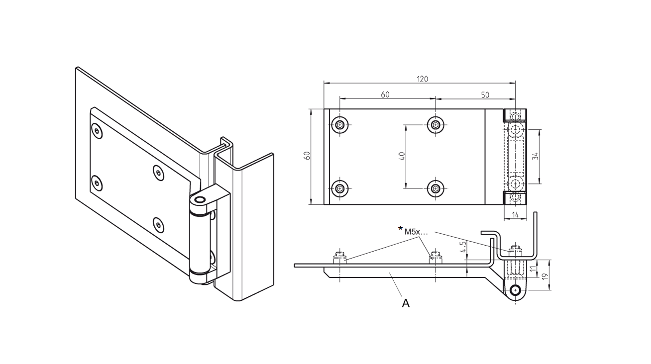 Cabinet hinge, die-cast zinc, prominent door - visible, fixed pin, L=60, B=127, H=26