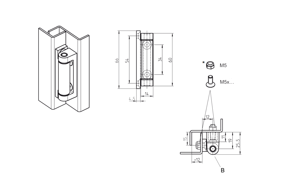 Cabinet hinge, die-cast zinc, flush door - visible, fixed pin, L=66, B=18,5, H=25,5