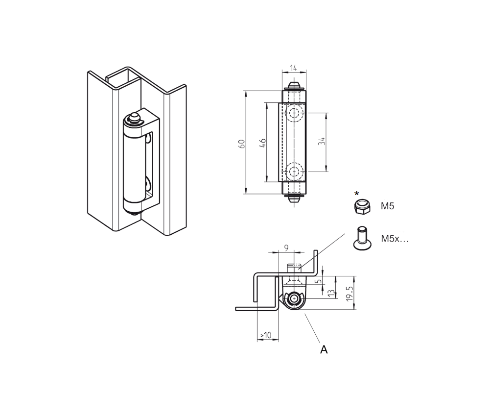 Cabinet hinge, die-cast zinc, chrome plated, flush door - visible, loose pin, L=60, B=14, H=19,5