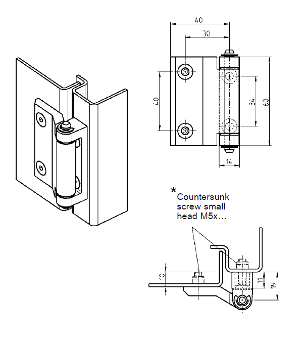 Cabinet Hinge, die-cast zinc, prominent door - visible, fixed pin, L=60, B=47, H=26
