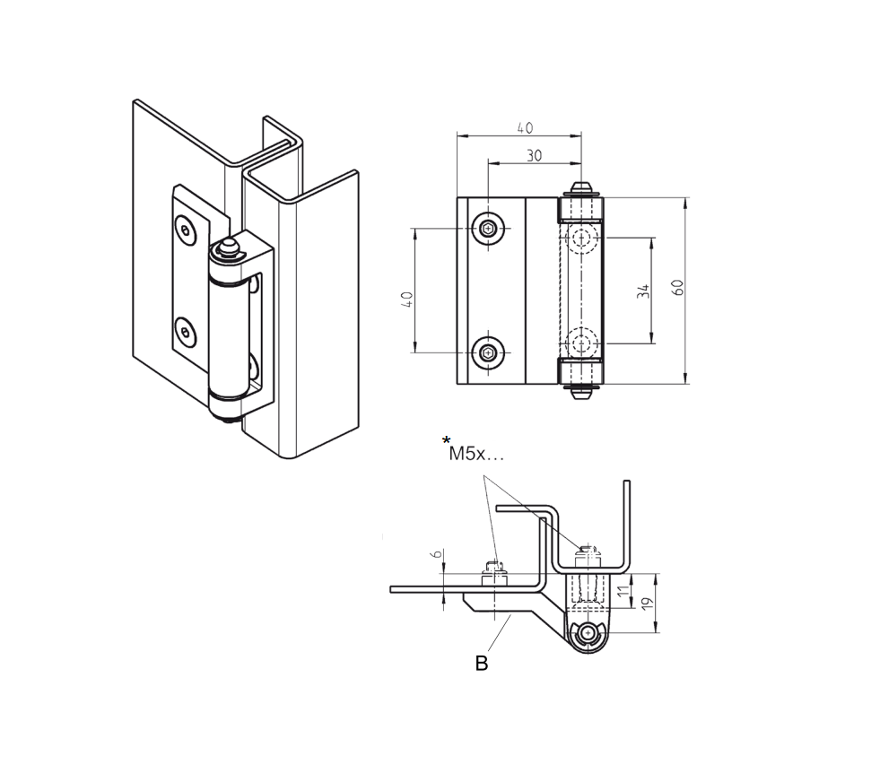 Cabinet hinge, die-cast zinc, prominent door - visible, loose pin, L=60, B=46,5, H=25,5