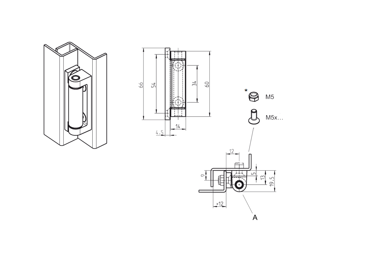 Cabinet hinge, die-cast zinc, flush door - visible, fixed pin, L=66, B=18,5, H=19,5