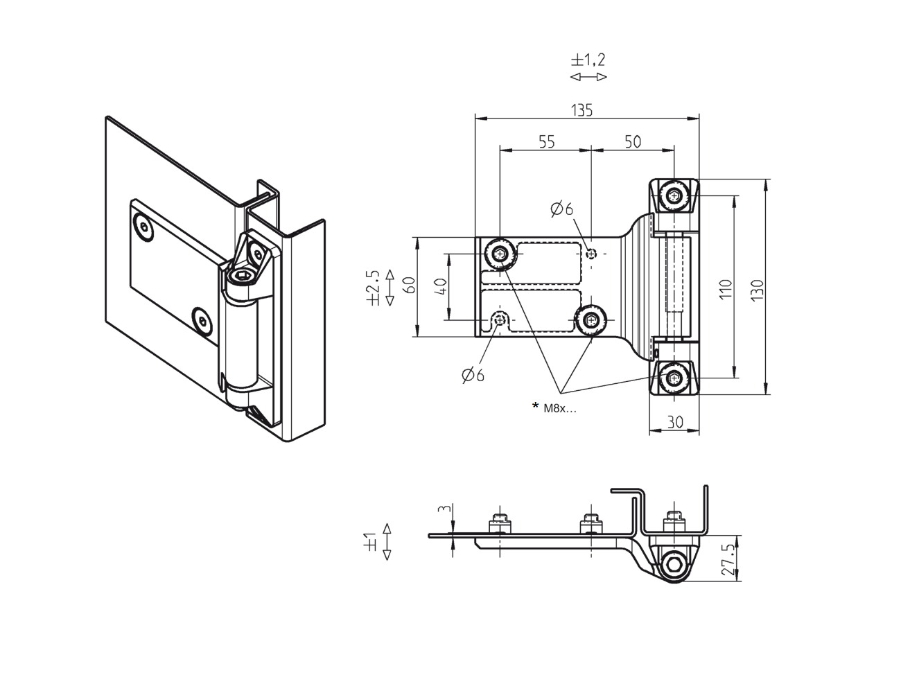Cabinet hinge, right, die-cast zinc, prominent door - visible, loose pin, L=130, B=135, H=27,5