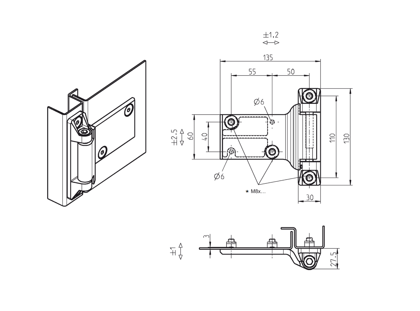 Cabinet hinge, left, die-cast zinc, prominent door - visible, loose pin, L=130, B=135, H=27,5