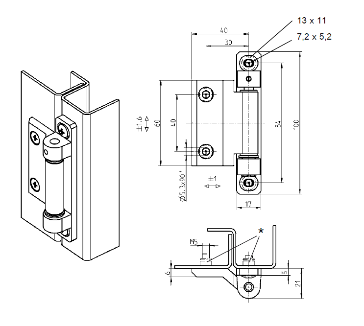 Cabinet Hinge, die-cast zinc, prominent door - visible, fixed pin, L=100, B=48,5, H=21