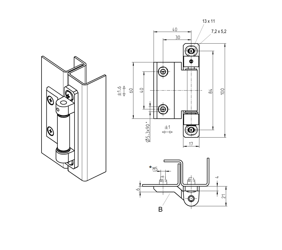 Cabinet hinge, die-cast zinc, prominent door - visible, fixed pin, L=100, B=48,5, H=21