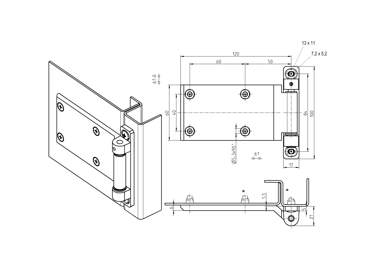 Cabinet hinge, die-cast zinc, prominent door - visible, fixed pin, L=100, B=128,5, H=21