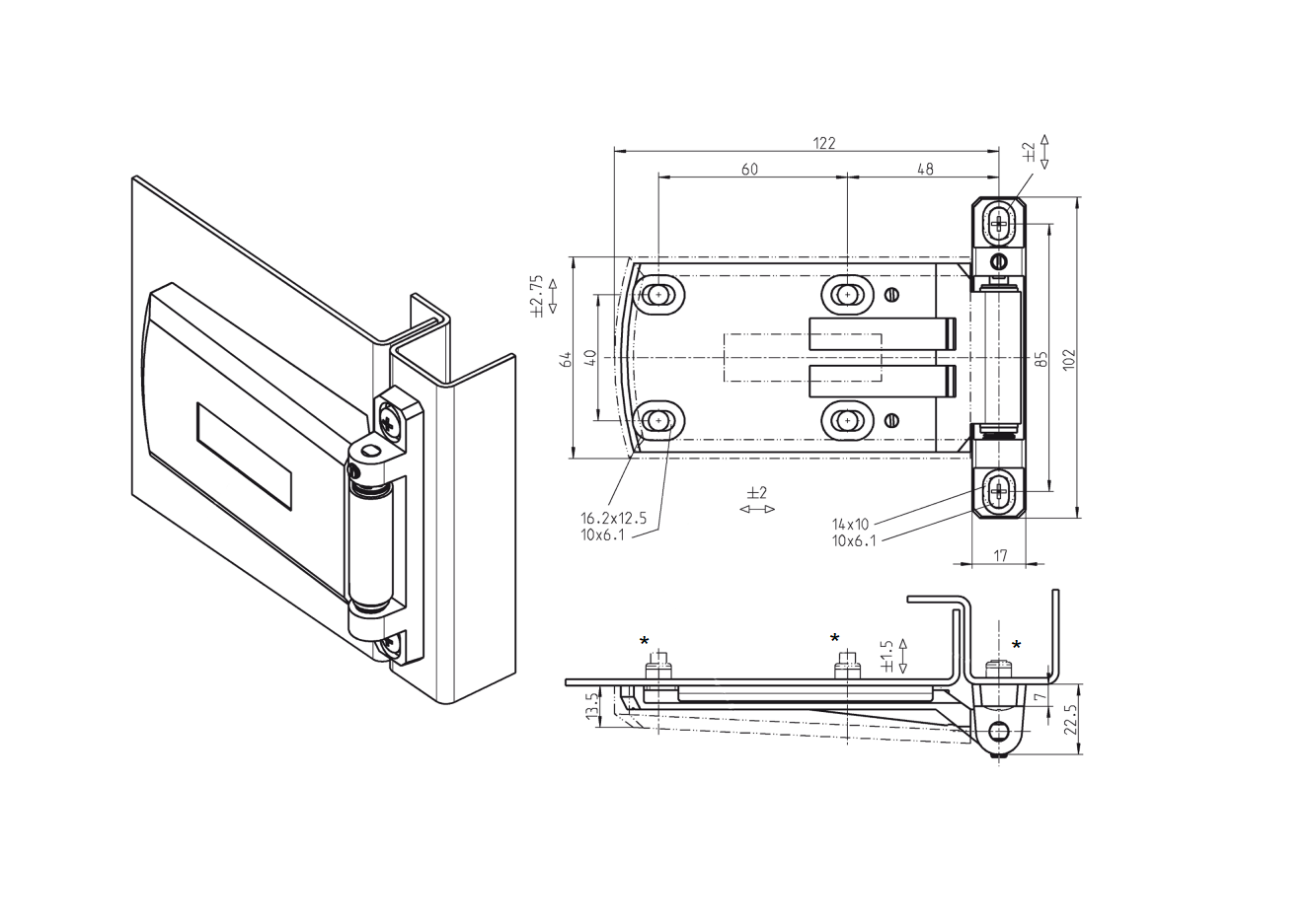 Cabinet hinge, left, die-cast zinc, prominent door - visible, fixed pin, L=102, B=130,5, H=22,5