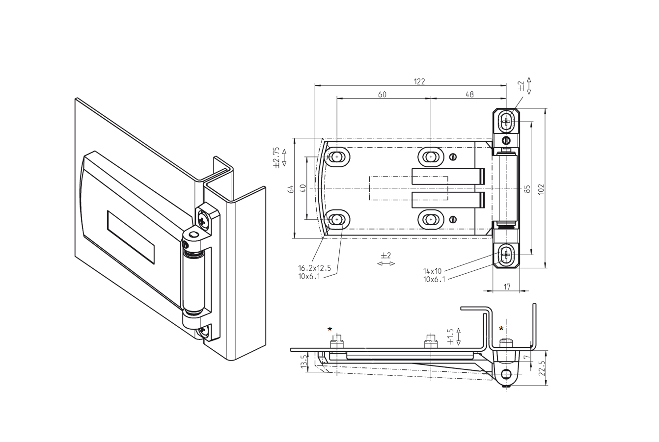 Cabinet hinge, right, die-cast zinc, prominent door - visible, fixed pin, L=102, B=130,5, H=22,5