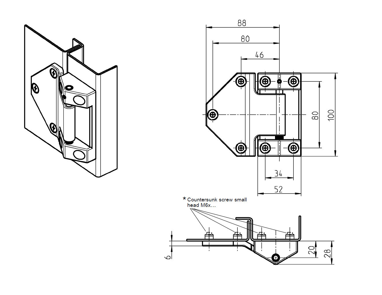 Cabinet Hinge, acid proof stainless steel, prominent door - visible, fixed pin, L=100, B=114, H=28