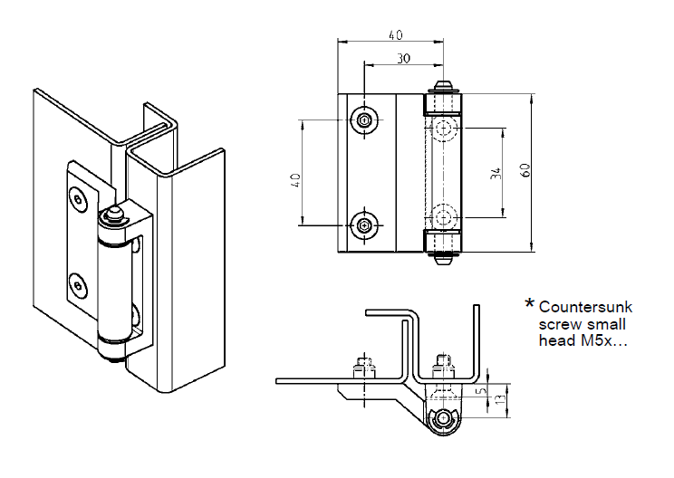 Cabinet Hinge, die-cast zinc, prominent door - visible, fixed pin, L=60, B=47, H=20
