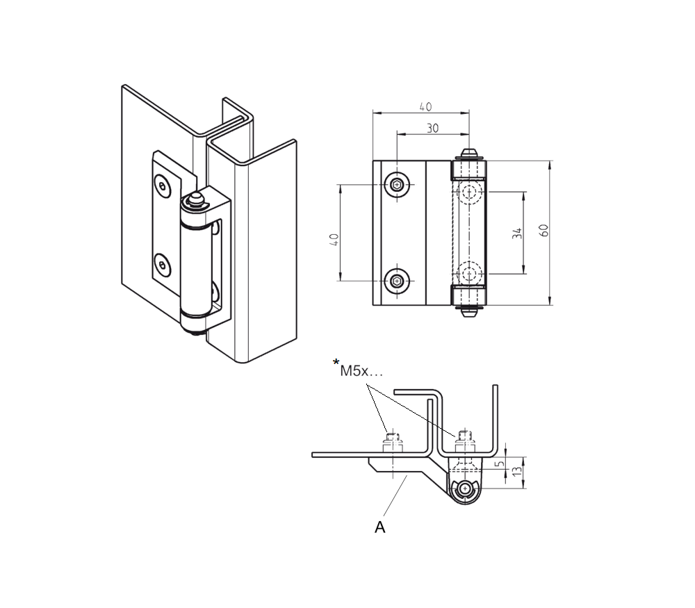 Cabinet hinge, acid proof steel, prominent door - visible, loose pin, L=60, B=46,5, H=19,5