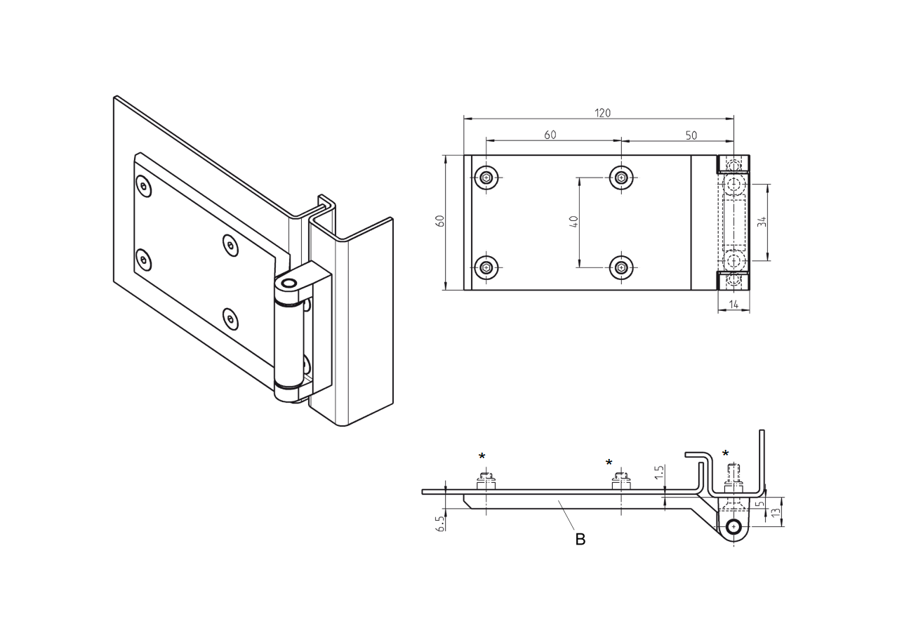 Cabinet hinge, die-cast zinc, prominent door - visible, fixed pin, L=60, B=127, H=21,5