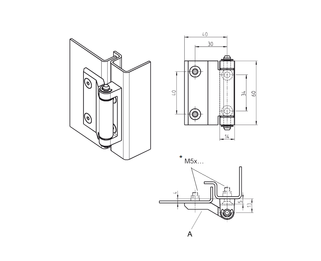 Cabinet hinge, die-cast zinc, chrome plated, prominent door - visible, loose pin, L=60, B=47, H=19,5