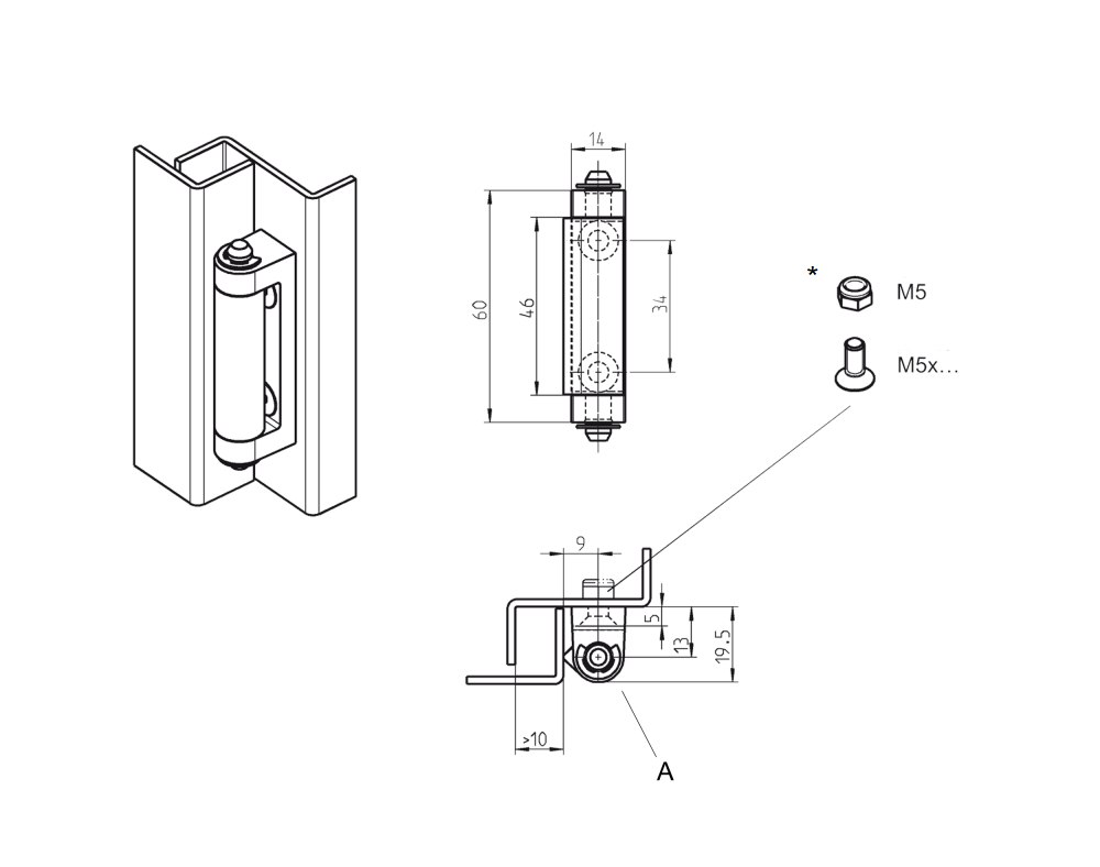Cabinet hinge, die-cast zinc, flush door - visible, loose pin, L=60, B=14, H=19,5