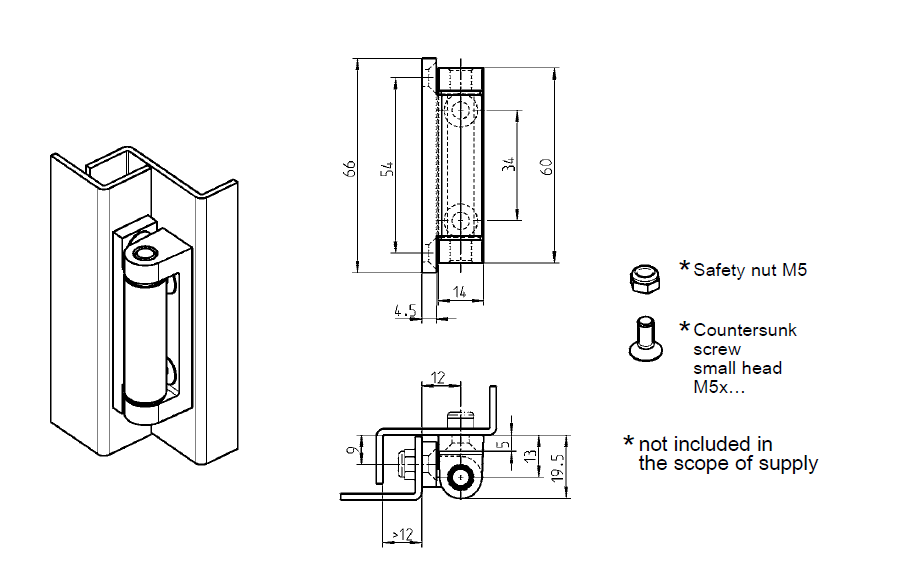 Cabinet Hinge, die-cast zinc, flush door - visible, fixed pin, L=66, B=18,5, H=19,5