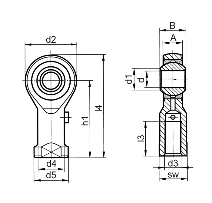 End Fitting, spherical eyelets, stainless steel, M10, L = 43 mm