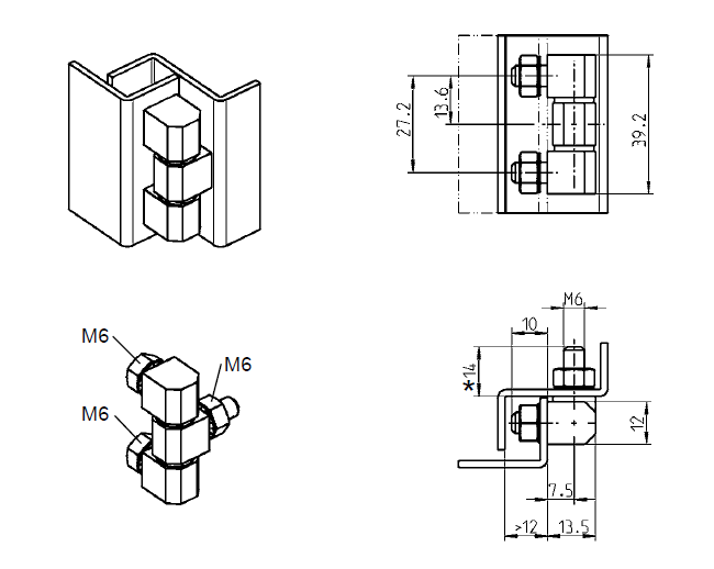 Cabinet Hinge, steel, flush door - visible, fixed pin, L=39,2, B=13,5, H=12