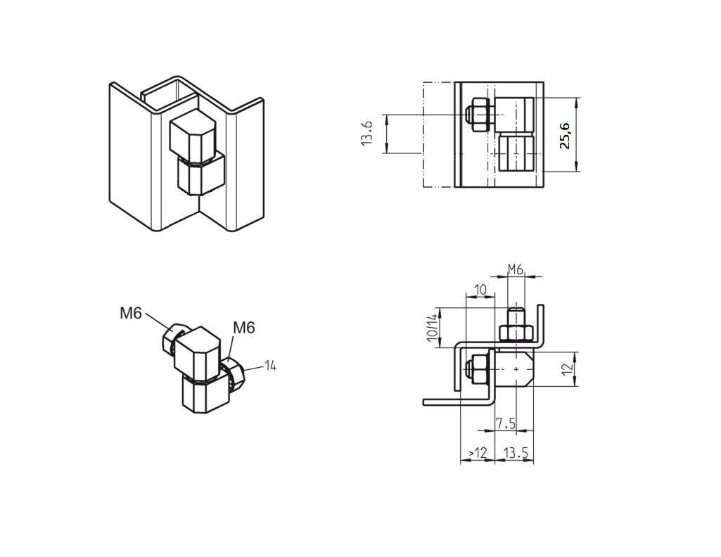 Cabinet hinge, steel, flush door - visible, fixed pin, L=25,6, B=12, H=13,5