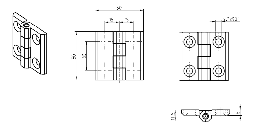 Cabinet Hinge, die-cast zinc, prominent door - visible, fixed pin, L=50, B=50, H=11,5