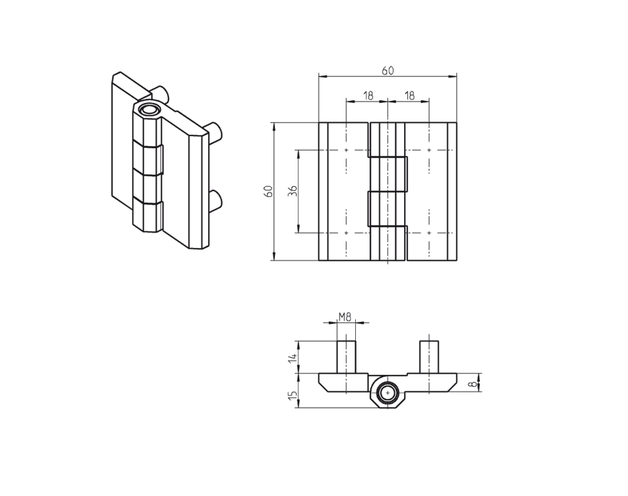 Cabinet hinge, die-cast zinc, prominent door - visible, fixed pin, L=60, B=60, H=15