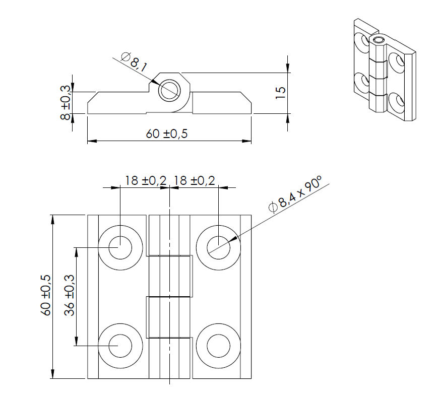 Cabinet Hinge, acid proof stainless steel, prominent door - visible, fixed pin, L=60, B=60, H=15