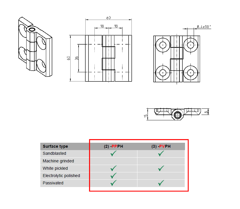 Cabinet Hinge, acid proof stainless steel, prominent door - visible, fixed pin, L=60, B=60, H=15