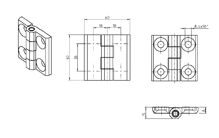 Cabinet Hinge, die-cast zinc, prominent door - visible, fixed pin, L=60, B=60, H=15