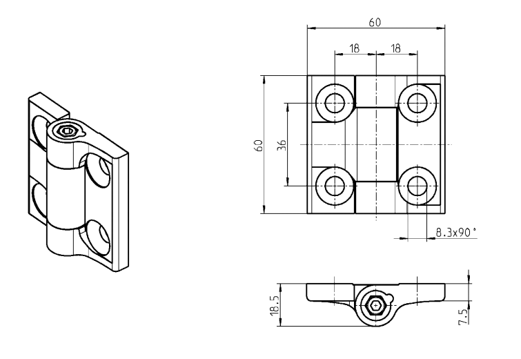 Friction hinge, die-cast zinc,  adjustable, L=60, B=60, H=18,5