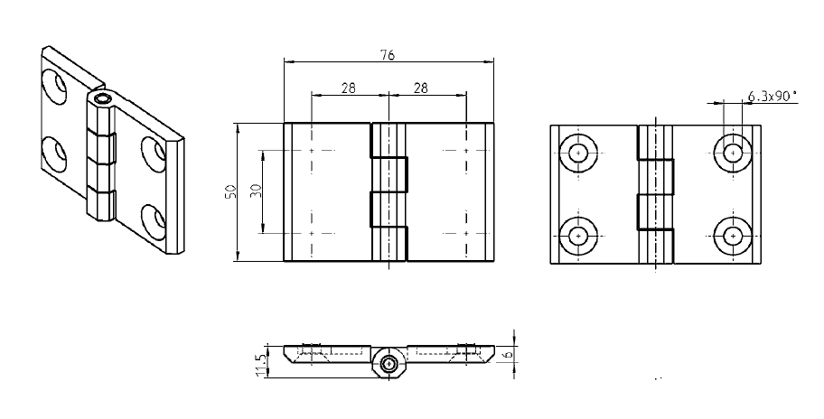 Cabinet Hinge, acid proof stainless steel, prominent door - visible, fixed pin, L=50, B=76, H=11,5