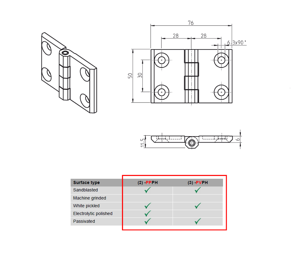 Cabinet Hinge, acid proof stainless steel, prominent door - visible, fixed pin, L=50, B=76, H=11,5
