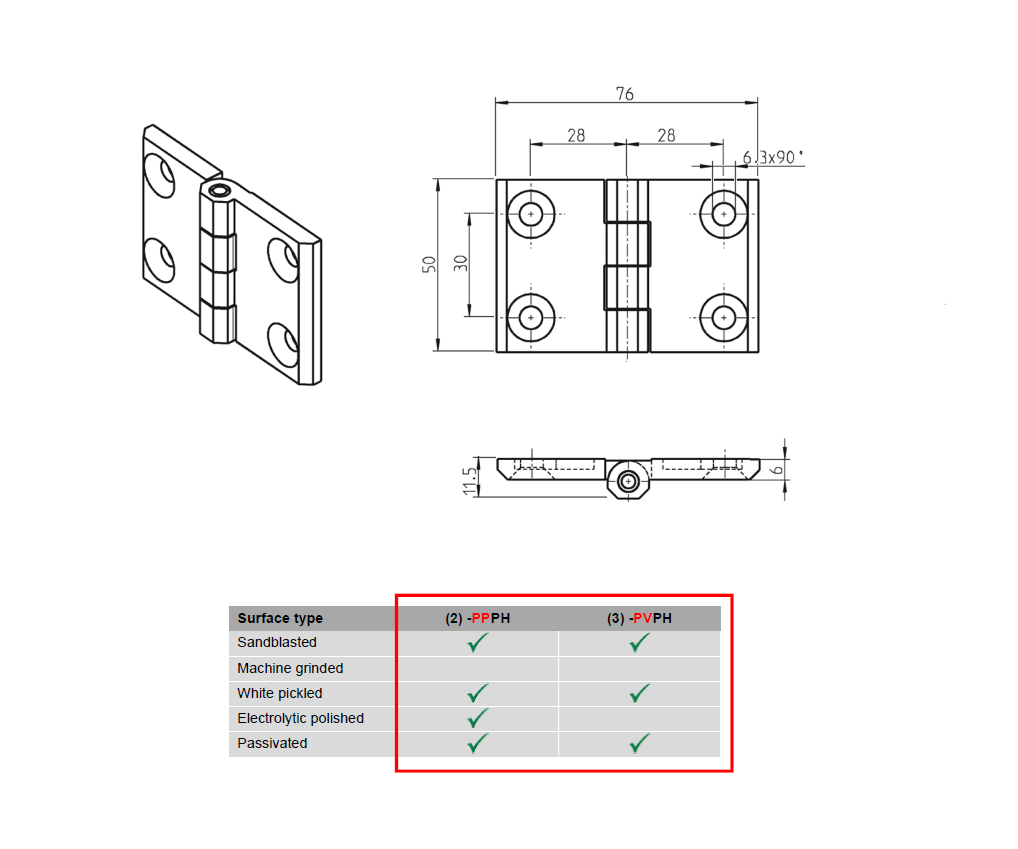 Cabinet Hinge, acid proof stainless steel, prominent door - visible, fixed pin, L=50, B=76, H=11,5