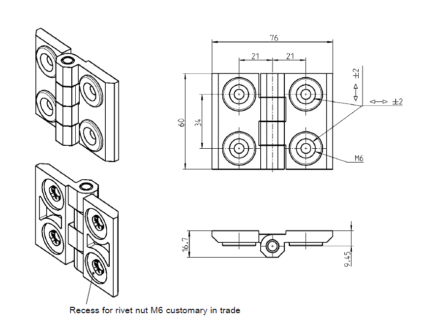 Cabinet Hinge, die-cast zinc, prominent door - visible, fixed pin, L=60, B=76, H=16,7