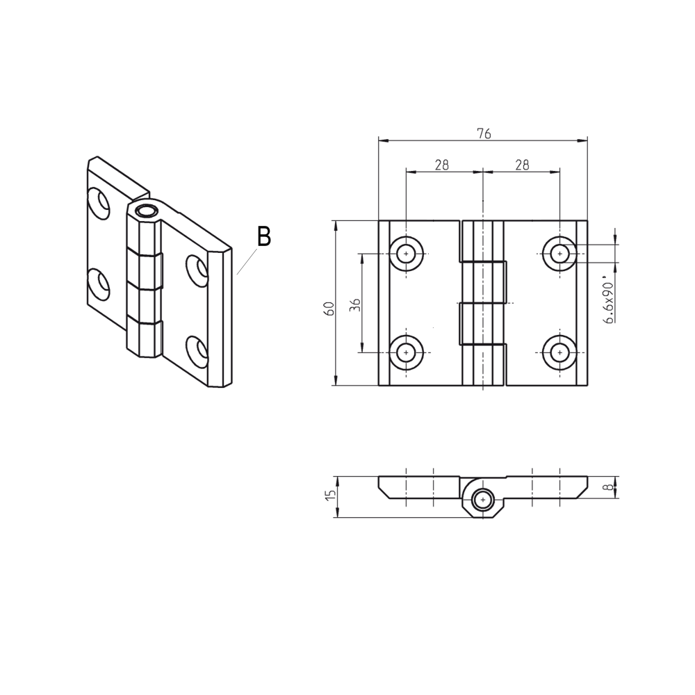 Cabinet hinge, die-cast zinc, prominent door - visible, fixed pin, L=60, B=76, H=15